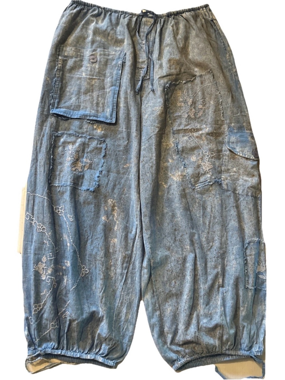 A Rare Bird Blue Pants Embroidered X-Stitch Drawstring One Size Distressed NWT